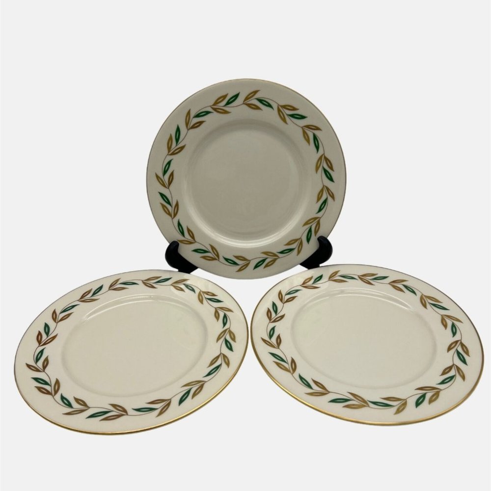 Castleton China Alberta 3 Salad Plates USA Leaves Design Gold Trim 8.25"
